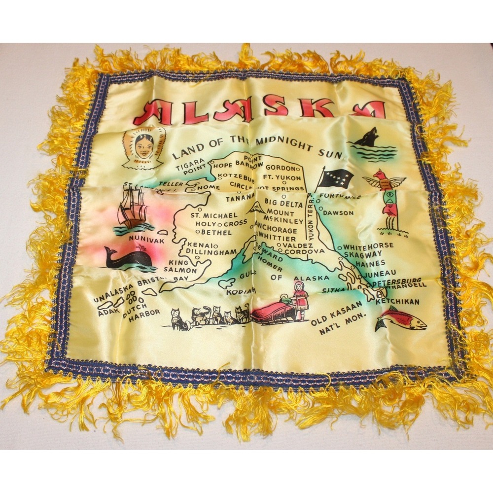vintage Alaska Souvenir pillow cover case 16x16 map Land of Midnight Sun fringe